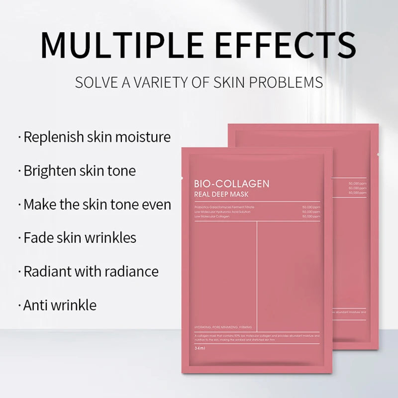 Bio-Collagen real deep mask packaging with text highlighting multiple skin benefits on a white background