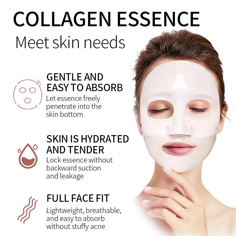 Woman wearing a collagen essence face mask with product features listed.