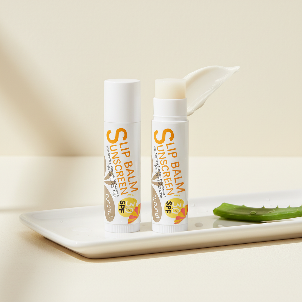 Two lip balm sunscreen products on a white plate with aloe vera leaves on a beige background