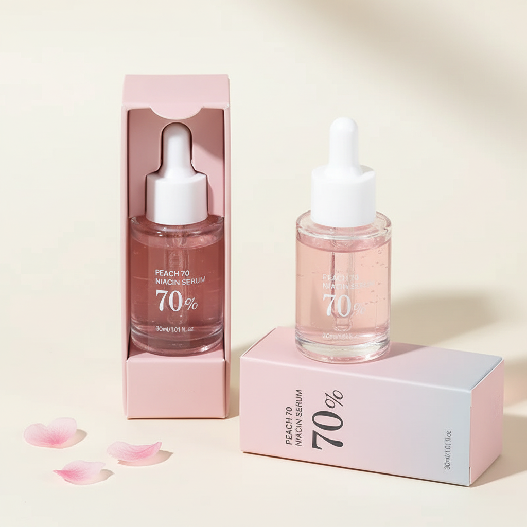 Peach 70% Niacin serum bottle and packaging on a light background with pink petals.