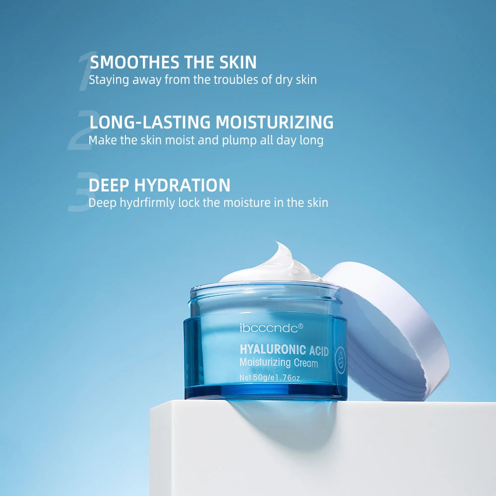Hyaluronic acid moisturizing cream with text on a blue background