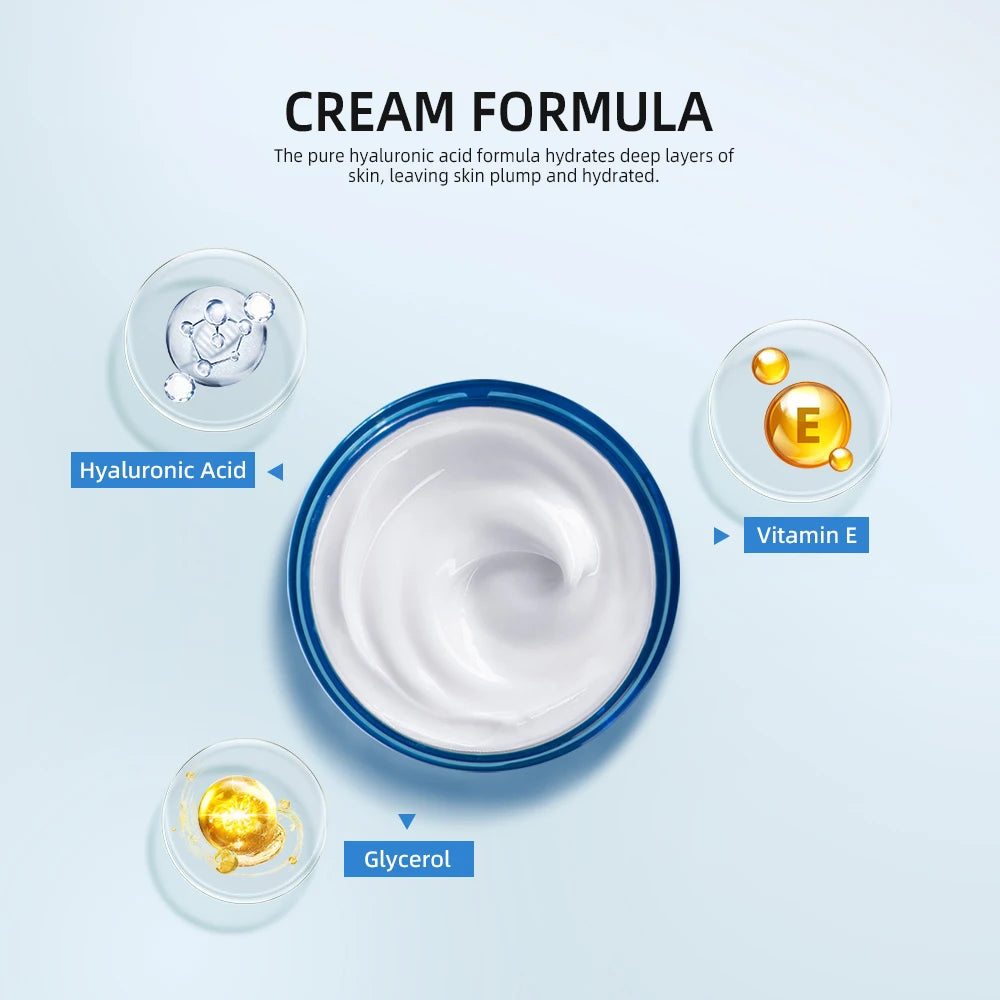 Cream jar with ingredients labeled Hyaluronic Acid, Vitamin E, and Glycerol on a light blue background.