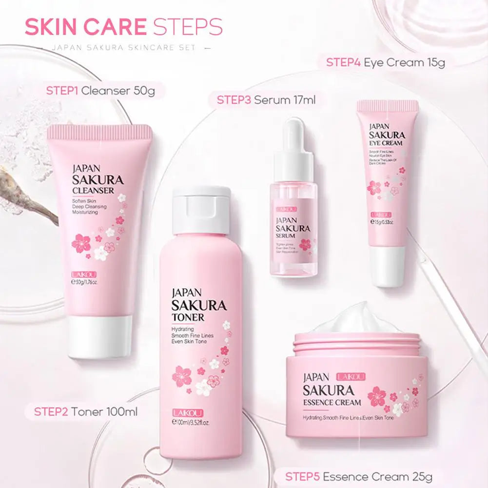 Sakura Glow skincare set includes eye cream, serum, cleanser, toner, and essence cream.
