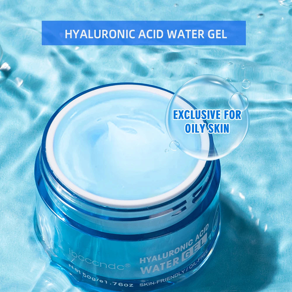 Jar of hyaluronic acid water gel with water droplet and text on a blue water background