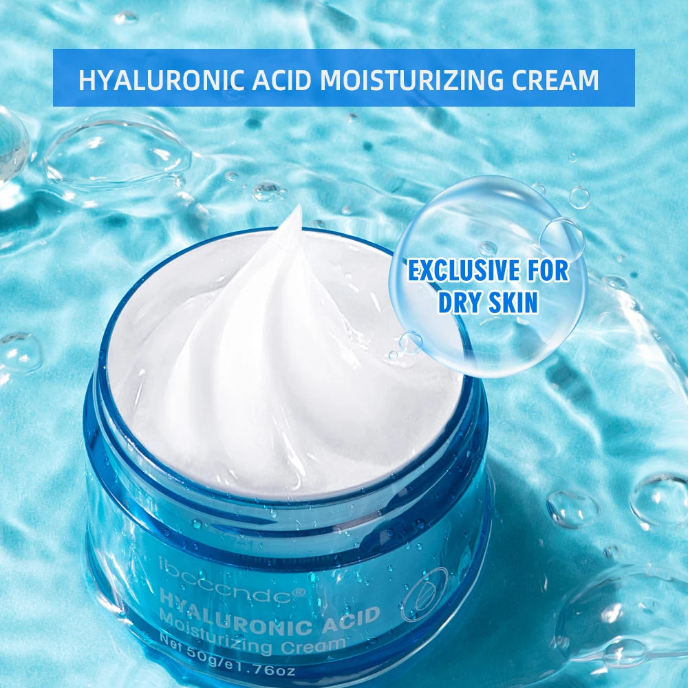 Jar of hyaluronic acid moisturizing cream with water droplets and blue background