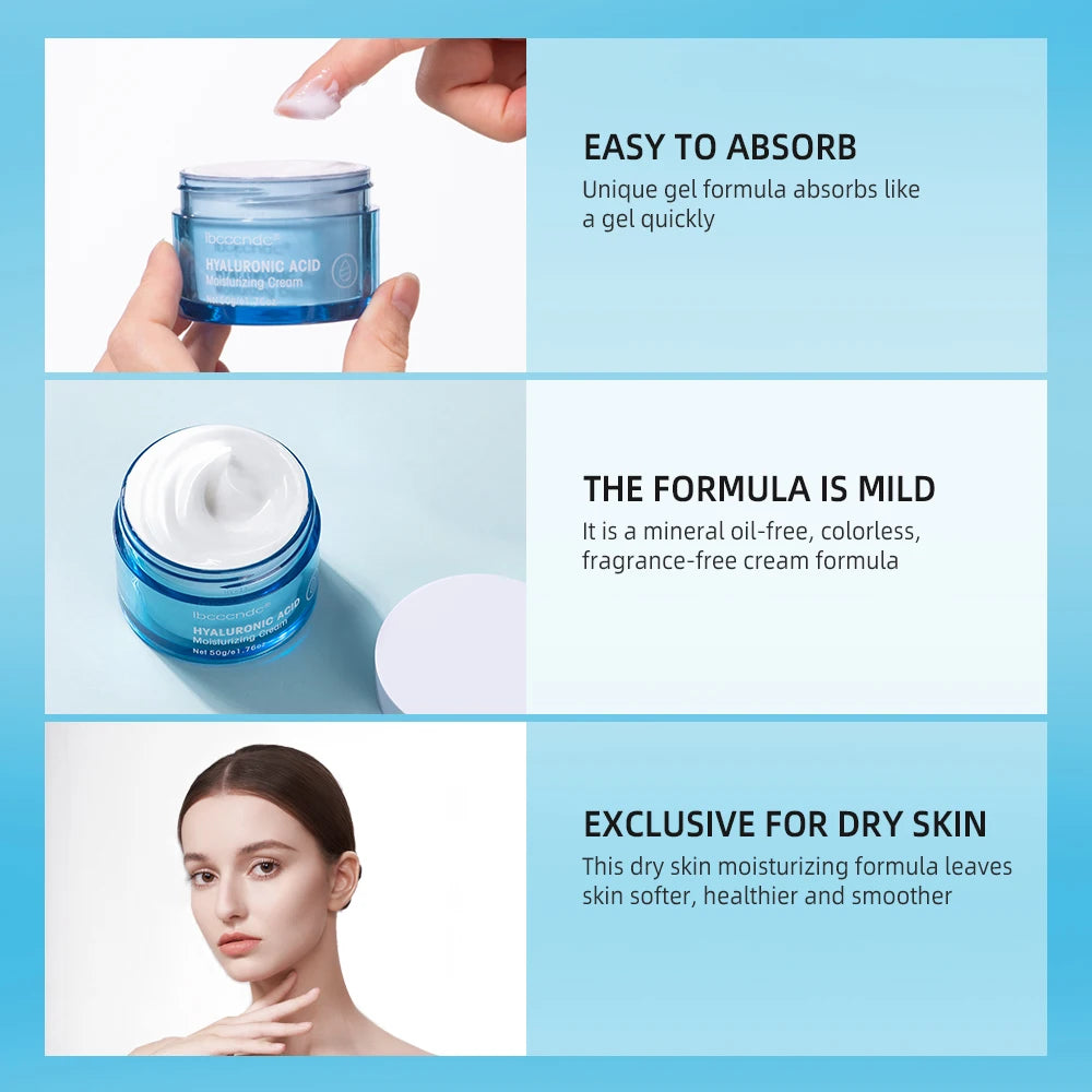 Cosmetic product with text highlighting features on a blue background