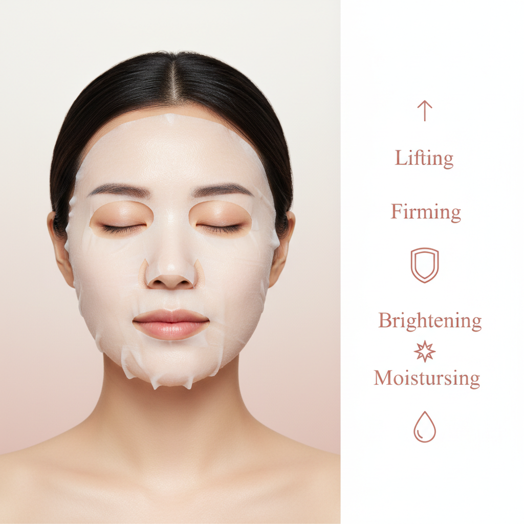 Woman wearing Bio-Collagen sheet mask with Lifting, Firming, Brightening and Moisturising benefits – Veloura Skin