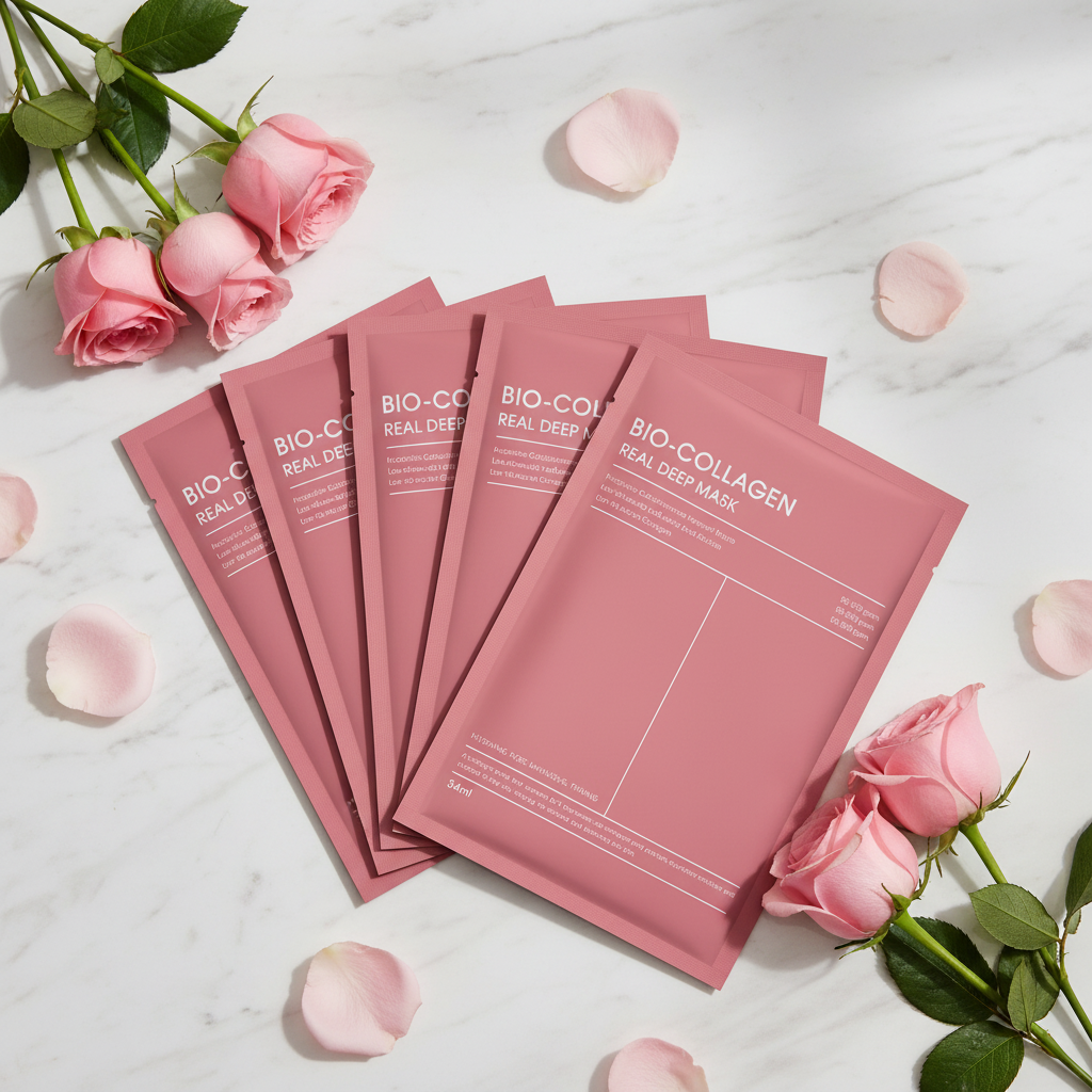 Bio-Collagen Real Deep Mask 10 pack on white marble with rose petals – Veloura Skin